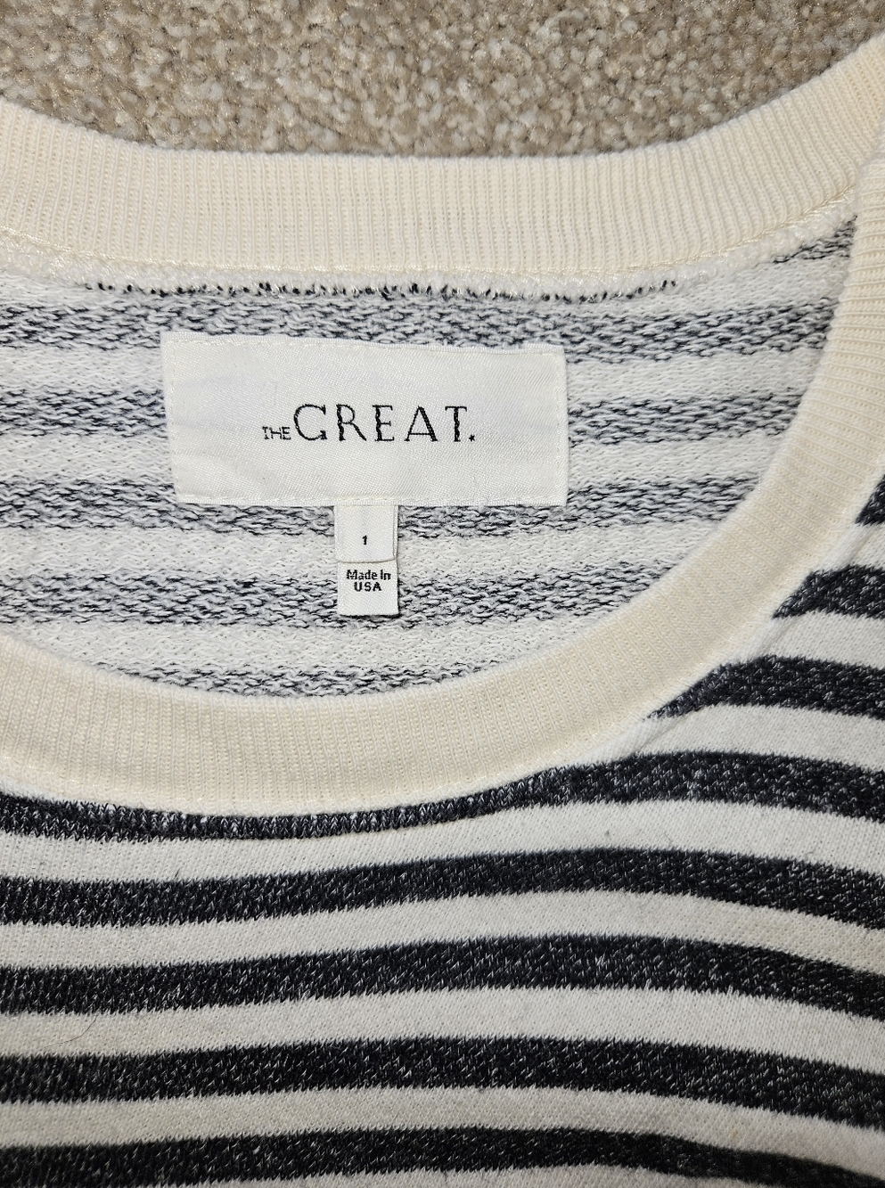 THE GREAT. Black and White/ Cream Striped Crewneck Sweater - Picture 6 of 7